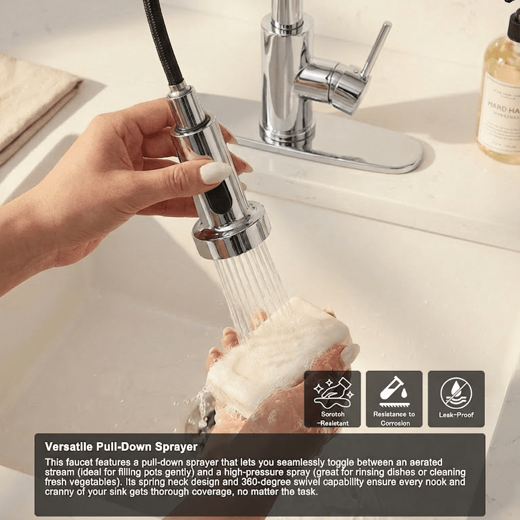 Kitchen Faucet with Pull Down Sprayer Industrial 1 Handle 1 Hole or 3 Hole Faucet for Farmhouse Camper Laundry Utility,Chrome