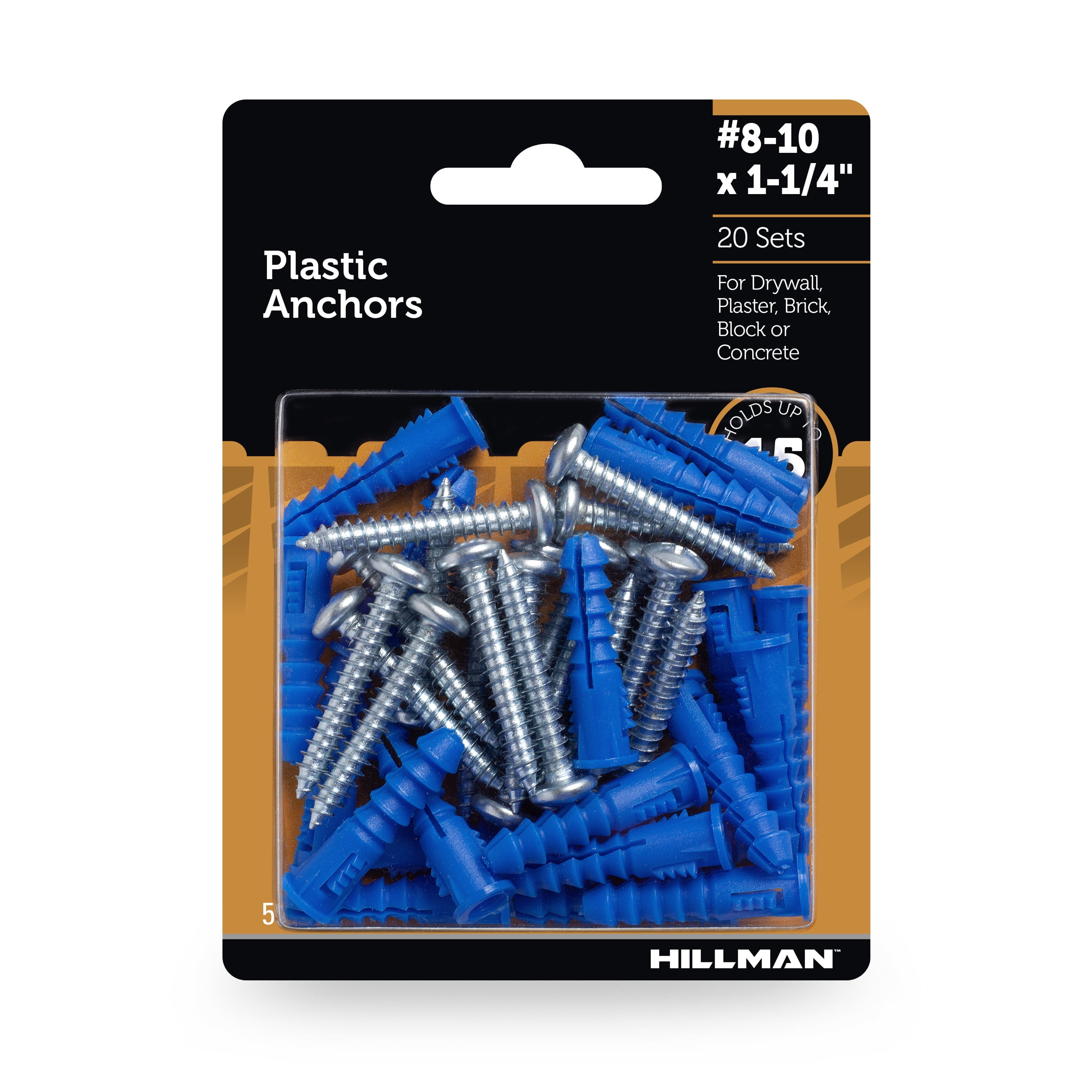 Hillman Plastic Anchors with Screws, #8-10 1.25", Holds up 15lbs, 20 Sets