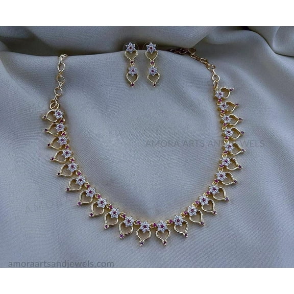 South Indian Bollywood Gold Plated AD CZ Ruby Stone Matte Finish Brass Necklace Set with Matching Drop Earrings – Traditional Bridal & Party Wear Jewelry