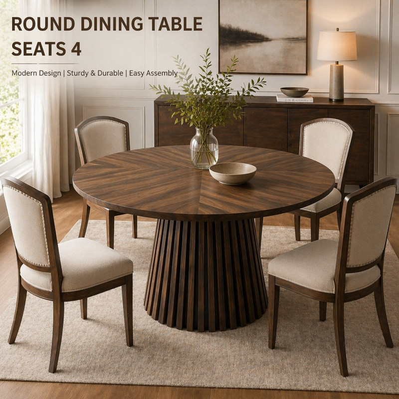 47.24'' Round Wooden Dining Table for 4, Accent Kitchen Dinner Table with Splicing Design Tabletop & Fluted Base