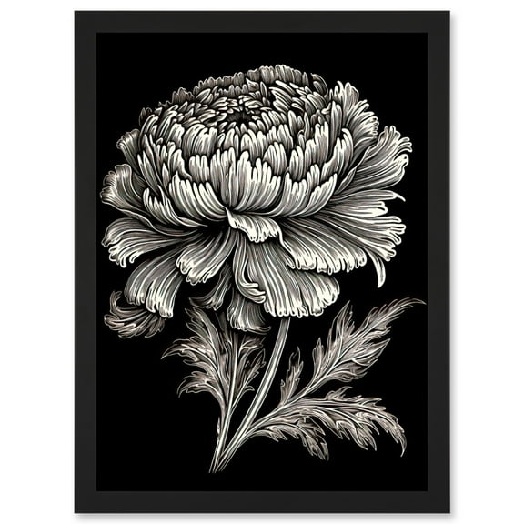 A Single Marigold Flower Black and White Linocut Artwork Framed Wall Art Print A4