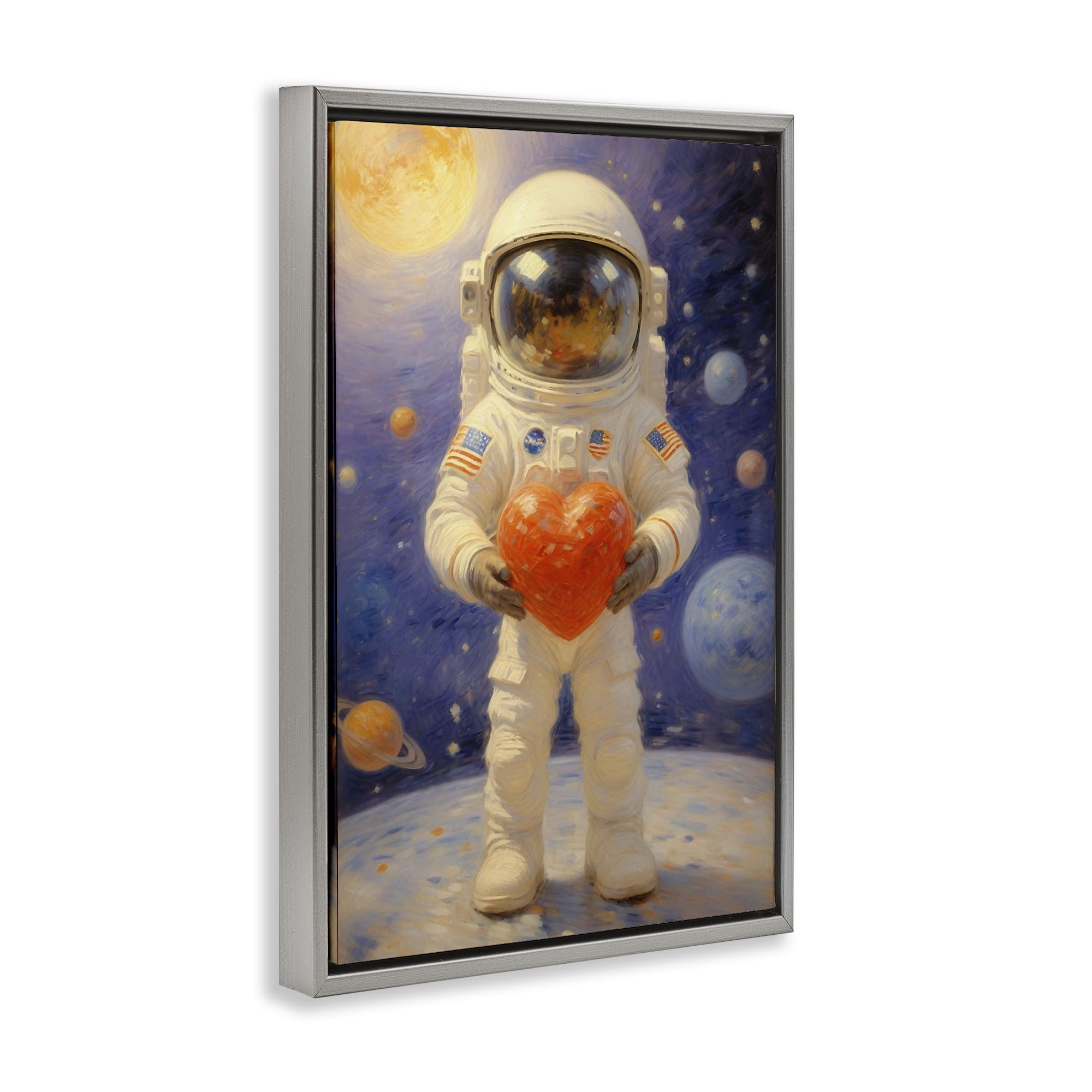 Astronaut Holding Heart Gray Framed Floater Canvas Wall Art, design by Angie Hawke