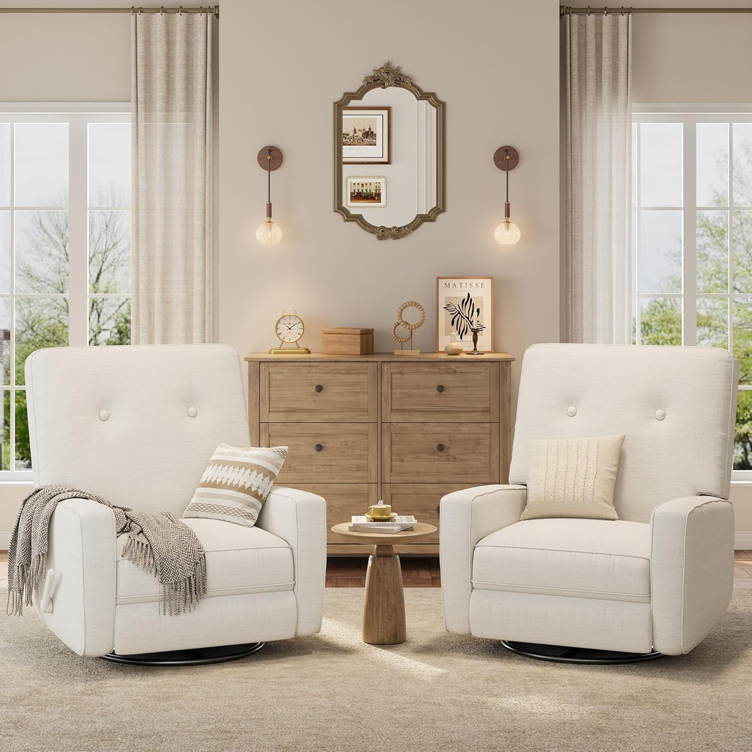 Nursery Recliner Chair, 360° Swivel Rocking Glider Chair for Adults with Adjustable Backrest & Footrest, Cozy Linen Upholstered Armchair for Living Rooms, Bedrooms, Apartments, Beige