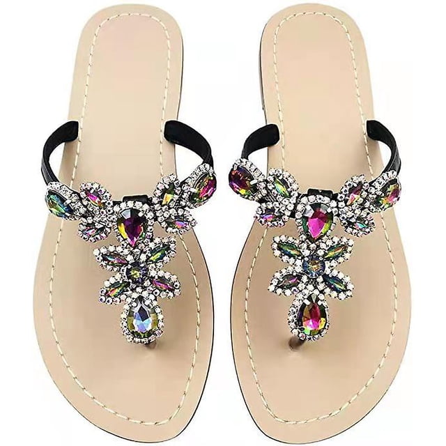 Sandalias con diamantes de imitación Sandalias planas para mujer Sandalias con pedrería Flip Flop