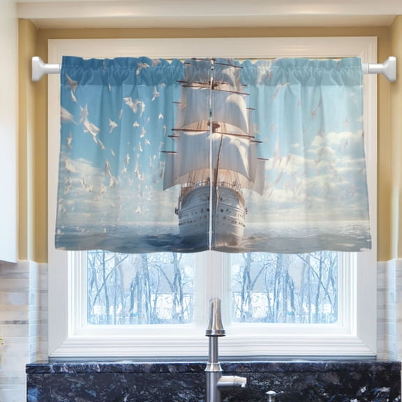 Ryvnso Ship and Seagull on Sea Half Curtains Sets Tier 2 Panels Short Curtain Rod Pocket 27"W x 24"L