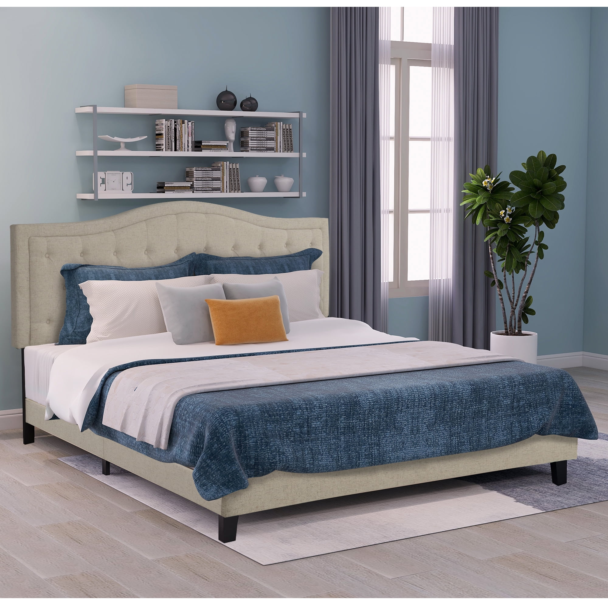 EUROCO Classic Tufted Linen Upholstered King Size Platform Bed with