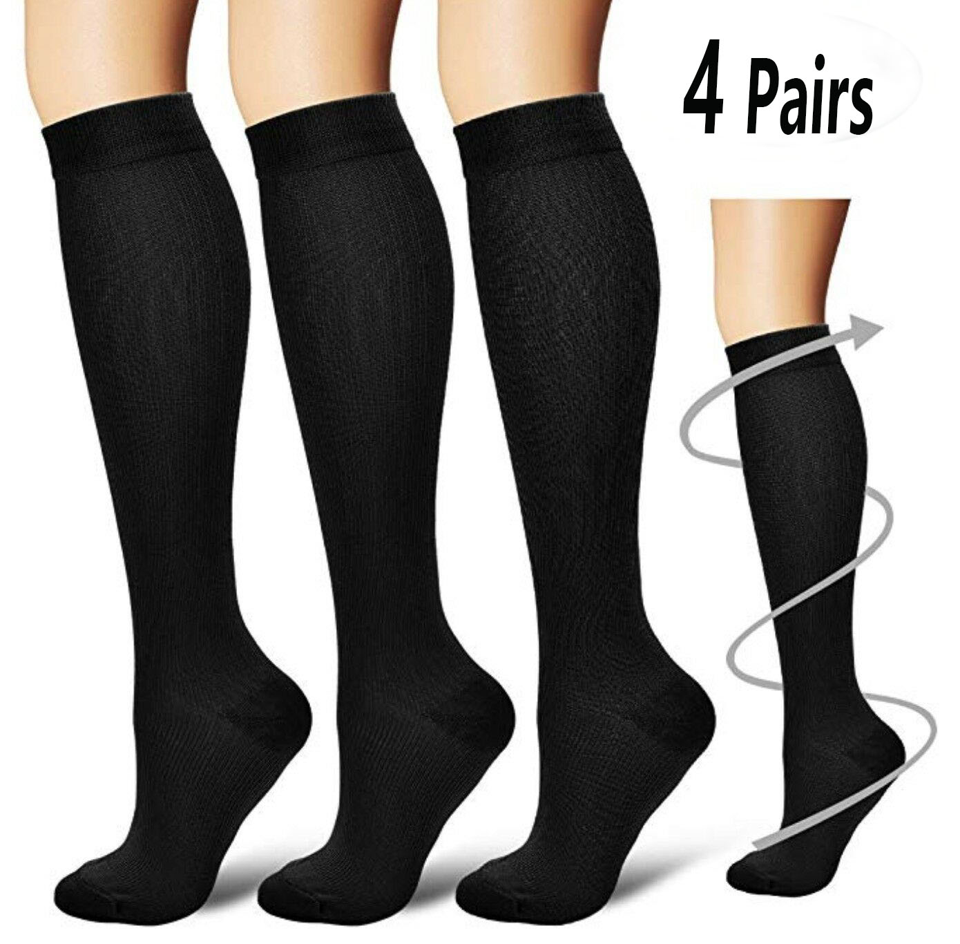 4Pair Knee High Compression Socks for Men and Women ExtraLarge, Black