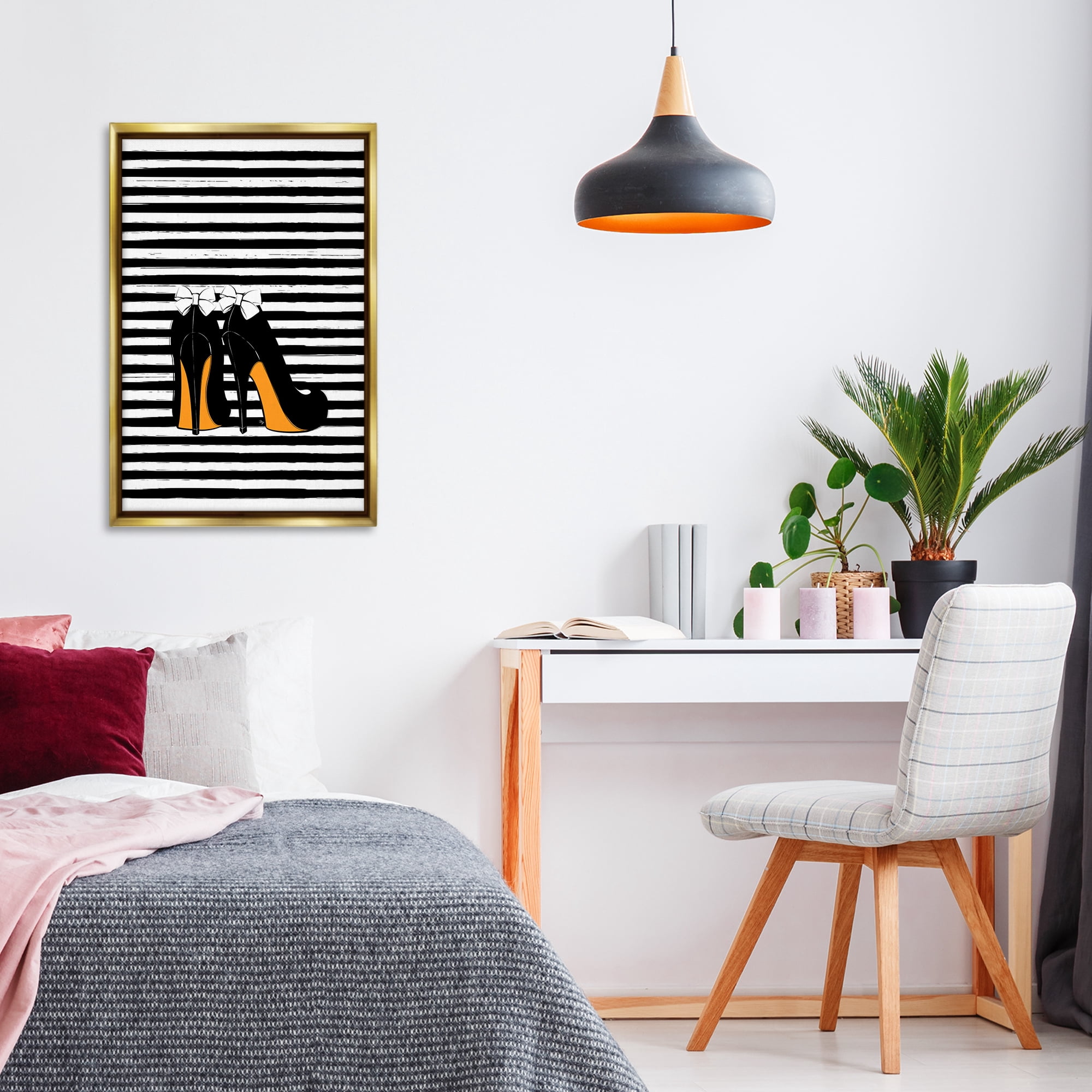 Stupell Industries Bow Heels on Stripes Beauty & Fashion Painting Gold Floater Framed Art Print Wall Art, 21 x 31
