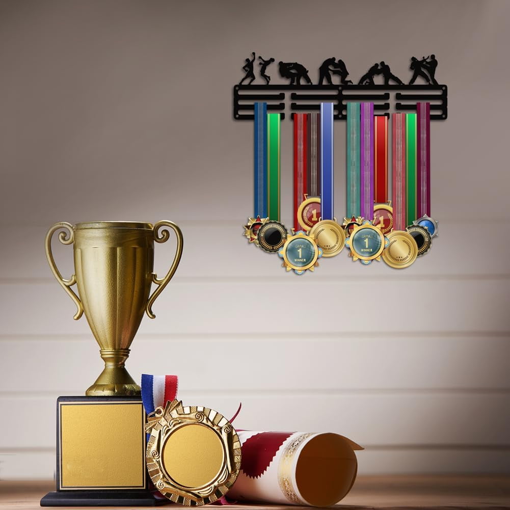 PH Kung Fu Medal Hanger Display Medal Holder Rack Wall Mount Hanger Decor Trophy Shelf 3 Tiered Award Rack Award Ribbon Hanger with Gift Box for Over 50 Medals Easy to Install Black
