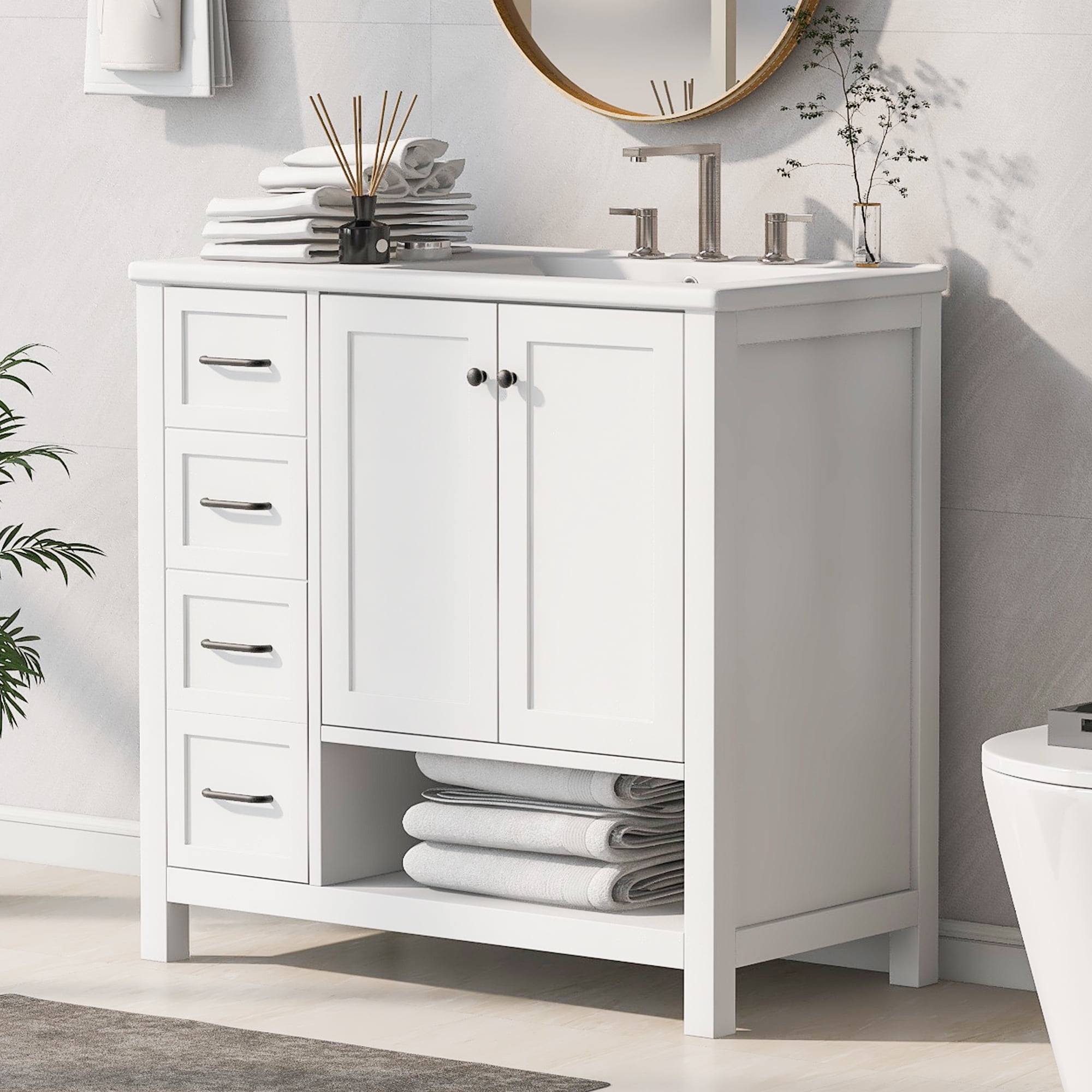 Harper & Bright Designs 36" Bathroom Vanity with Sink Top, Modern Single Sink Bathroom Vanity with Doors, Drawers and Open shelf, Freestanding Bathroom Storage Cabinet with Ceramic Basin, White