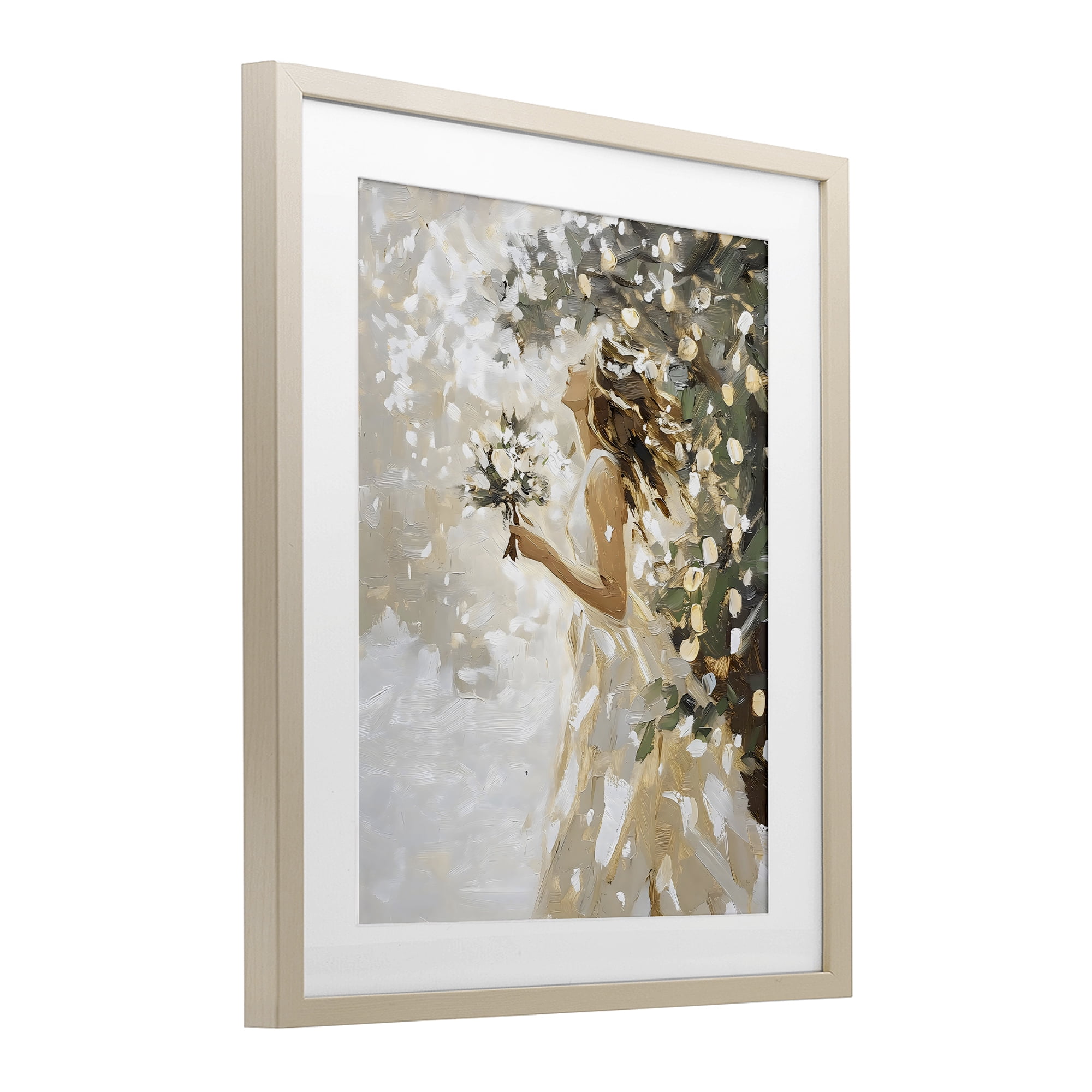 Soft White Snow Flurry Birch Framed Print Under Glass, design by LSR Design Studio