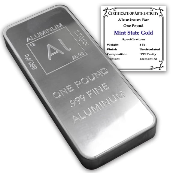 1 LB Aluminum Bar Bullion Paperweight with Element Design w/CoA One Pound by Mint State Gold