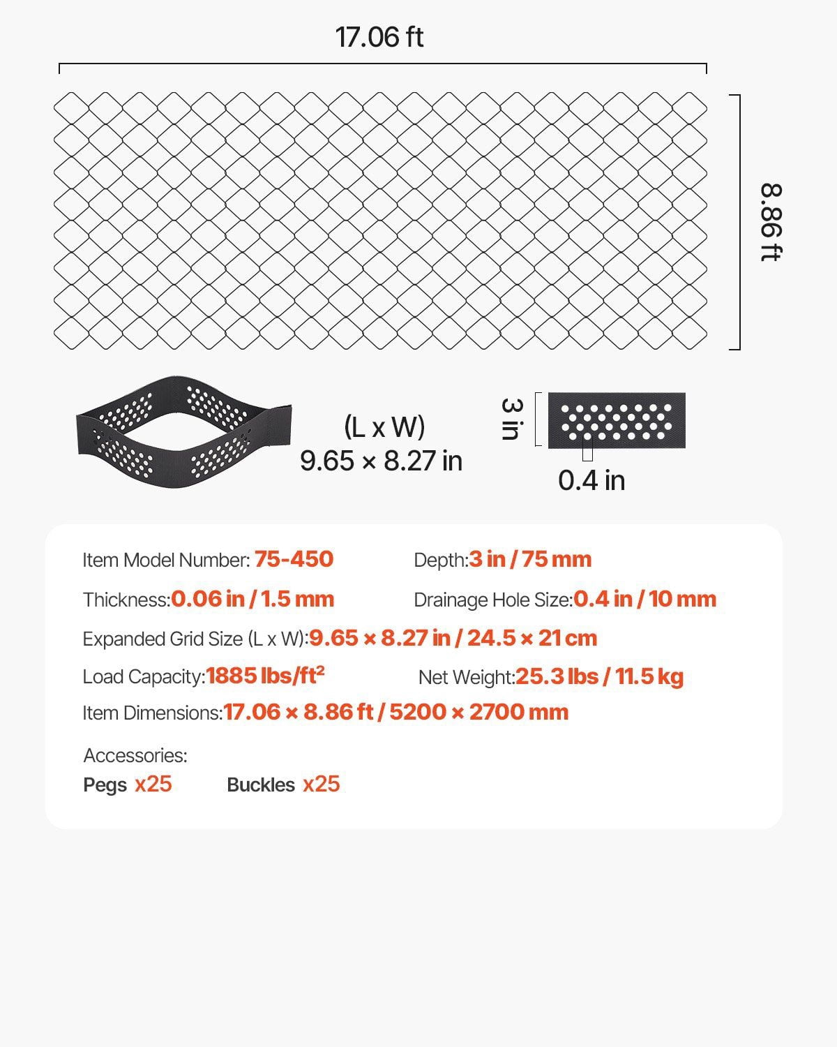 3-Inch Deep Geocell Ground Grid 17.06x8.86 FT Heavy-Duty HDPE Gravel Stabilizer for Driveway, Parking, Landscaping, Slope Reinforcement & Erosion Control