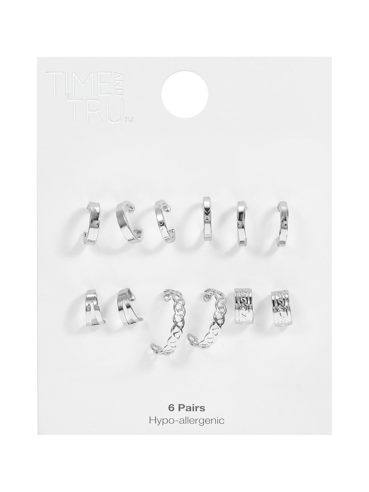 Time And Tru Mini Hoop Earrings Silver, 10mm-12mm, 6 Pack
