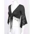 thumbnail image 4 of JanJean Women Glitter Bead Tassel Belly Dance Top Lace 3/4 Flared Sleeves Shawl Crop Tops Dancewear Black L, 4 of 7