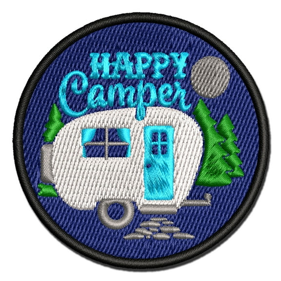 Happy Camper Trailer Camping Applique Multi-Color Embroidered Iron-On Patch - 2.5 Inch Small
