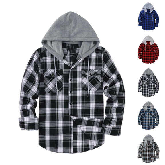 UDAUDU Mens Flannel Hoodie Shirt Button Down Plaid Shirt Casual Long Sleeve Vacation Lightweight Outdoor Hoodie Shirts with Pocket XL