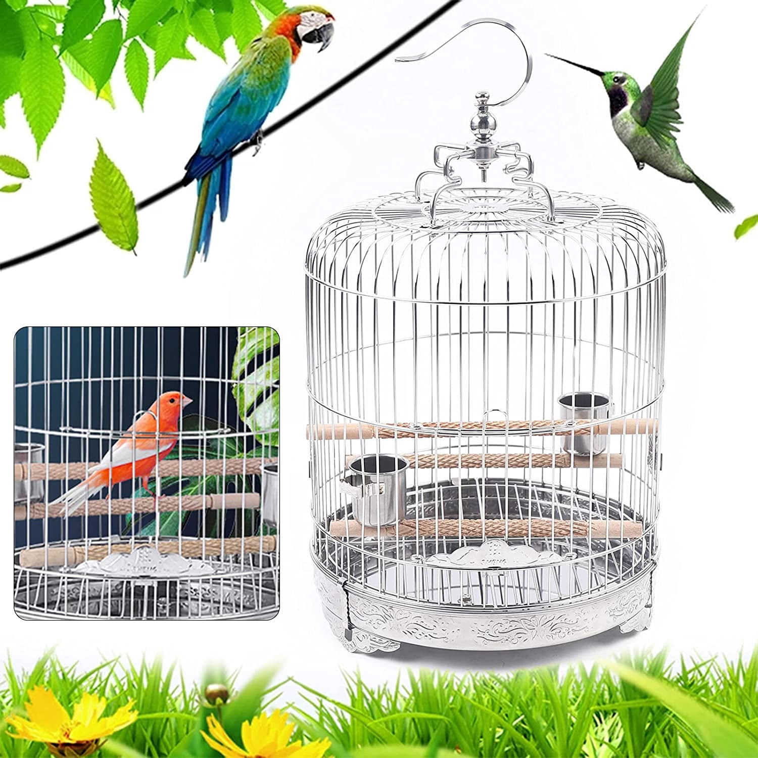 Miumaoev Large Stainless Steel Parakeet Bird Cage, 15.74 Inch Height Hanging Parrot Bird Cages with Stand for Cockatiels African Grey Quaker Parakeets Conures Pigeons Flight Perches Bird Cage