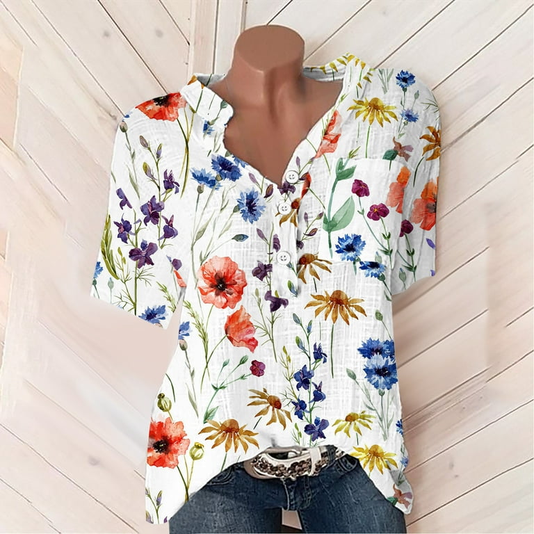 Summer Tops for Women Clearance-Sale Short Sleeve Plus Size Printing Floral  Pattern Buttons Blouse V-Neck Classic Loose Fit Tunic Formal Daily Ladies