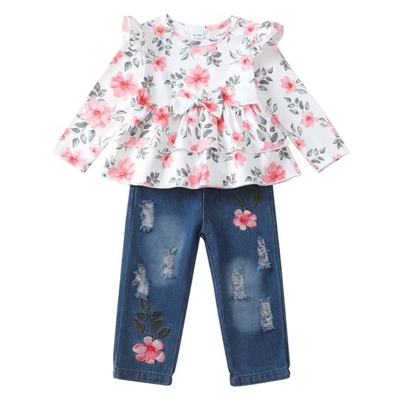 KIMI BEAR 3T Toddler Girls Winter Outfits 4T Kids Casual Clothes Set Ruffle Long Sleeves Pullover Top Flowers Print Tops Ripped Jeans Denim Pants Set 2pcs Clothing White