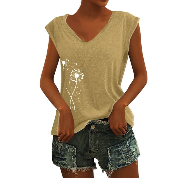 Playeras,Blusas y Tops,Ropa para Mujer Camisetas Sin Mangas Para Mujer Camiseta sin mangas con manga casquillo para mujer, cuello en V, color sólido, camisa informal, blusa suelta (Yellow, M)