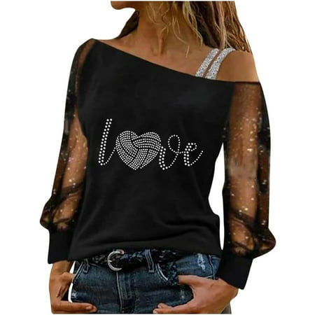 

Women s Letter Print Sweatshirt Cold Shoulder Long Sleeve T-Shirt Graphic Squines Shiny Mesh Sheer Basic Fall Tops Plus Size Loose Fit Pleat Flowy Top Pullover