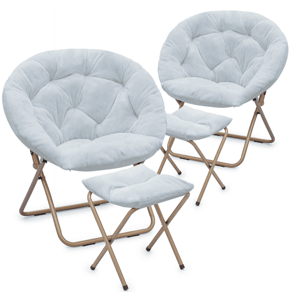 2Pieces Round Folding Faux Fur Saucer Chair for Bedroom Living Room Dorm Foldable Metal Frame Oversized Large Comfy Furry Padded Soft Cozy Moon Chair with Footrest Ottoman for Adults (Blue)