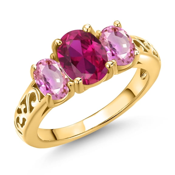 Gem Stone King 18K Yellow Gold Plated Silver Red Created Ruby and Pink Sapphire Filigree Style 3 Stone Ring for Women (2.55 Cttw, Oval 8X6MM and 6X4MM) (Size 7)