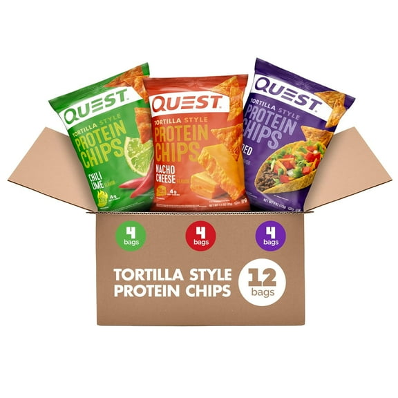 Quest Tortilla Style Protein Chips, Variety Mix; Chili Lime, Nacho Cheese, Loaded Taco, 12 Count