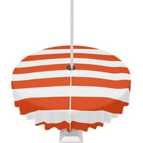 Outdoor Tablecloth Orange and White Stripes Round Patio Tablecloths 60 Inch, Waterproof Table Cloths with Umbrella Hole and Zipper, Striped Simple Summer Table Cover for Outdoor Tables Garden