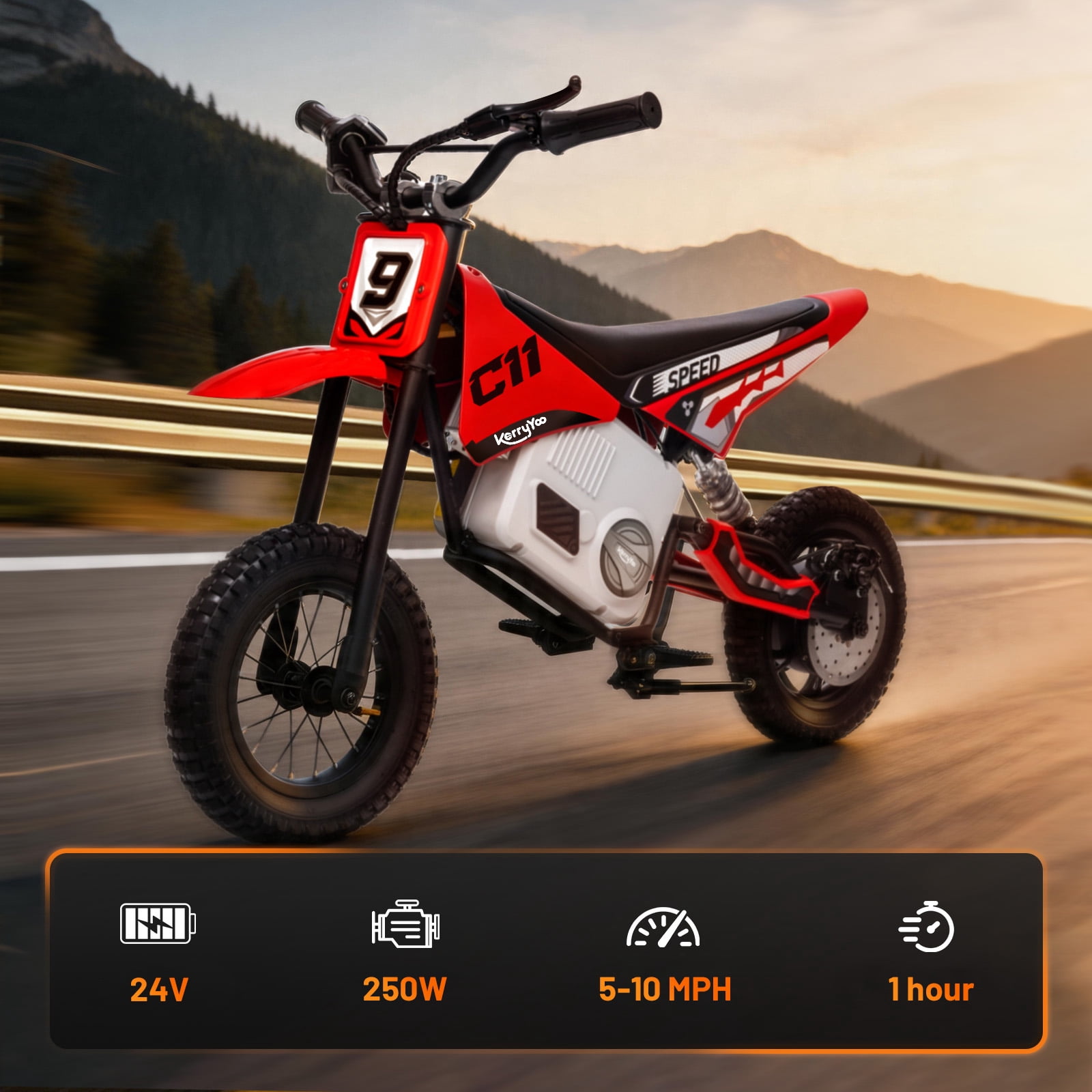 Electric Dirt Bike for Kids 6+, 24V Motorcycle, Electric Motorbike, 5-10 mph, High/Low Speeds-Red