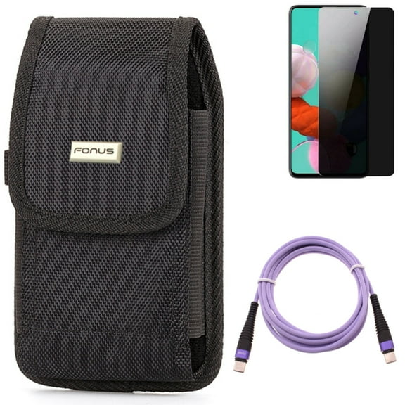 Privacy Screen Protector & Case Belt Clip & Purple 6ft PD Cable for Samsung Galaxy S20 Fan Edition - Tempered Glass Anti-Spy   Rugged Holster   Type-C to USB-C Long Charger Cord Combo