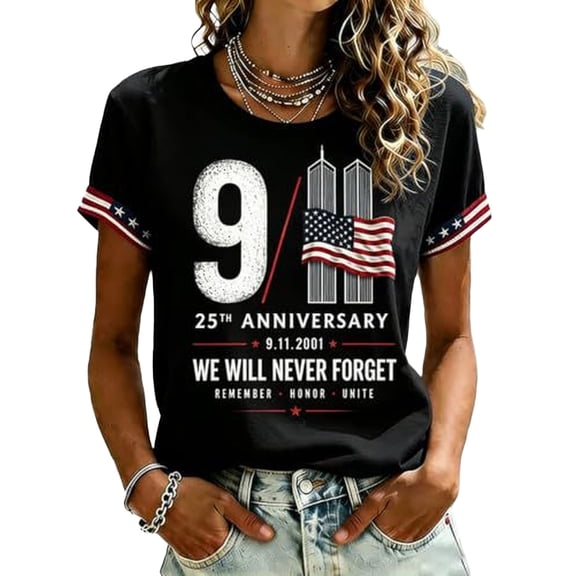 AHMOMEI Women 9.11 25th Anniversary Shirt We Will Never Forget 911 Tshirts American Flag Honor Faith Patriotic Womens Short Sleeve Shirtss 5XL