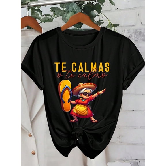 Women's Latina Humor Graphic Tee, Funny Spanish Quote Print Crew Neck Short Sleeve Casual Shirt, Mexican Grandma Inspired Everyday Top