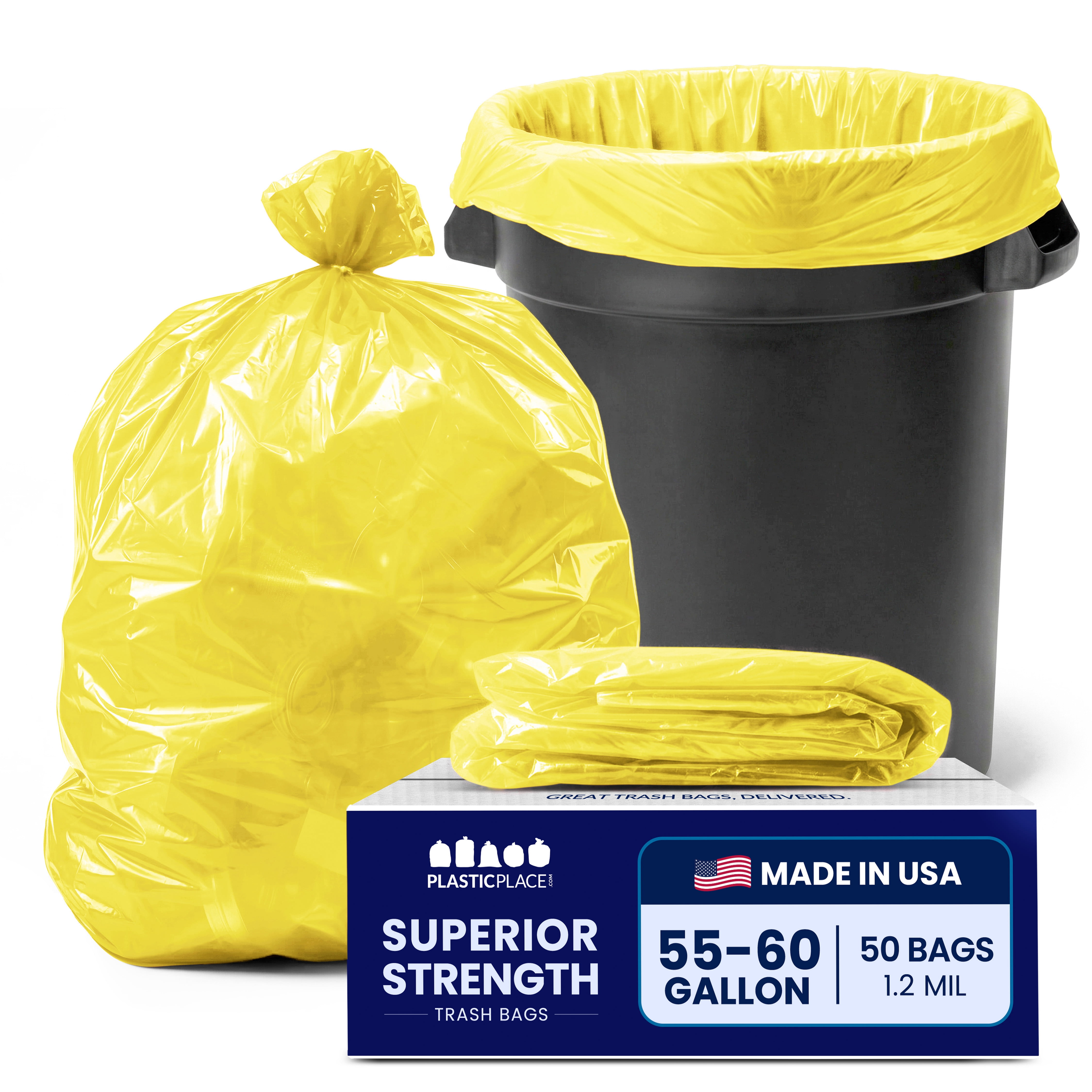 Plasticplace 55-60 Gallon Trash Bags │ 1.2 Mil │ Yellow Heavy Duty Garbage Can Liners │ 38” x 58” (50 Count)