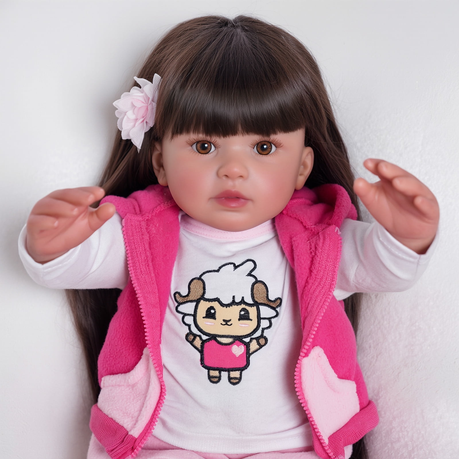 RSG Lifelike Reborn Baby Dolls Candy - 22 Inch Baby Doll Long Black Hair Girl Handmade Real Life Dolls with Clothes and Toy Accessories Gift for Kids Age 3+