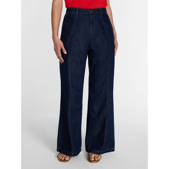 Time and Tru Women's High Rise Drapey Pleated Wide Leg Jeans, 30" Inseam, Sizes XS-XXXL