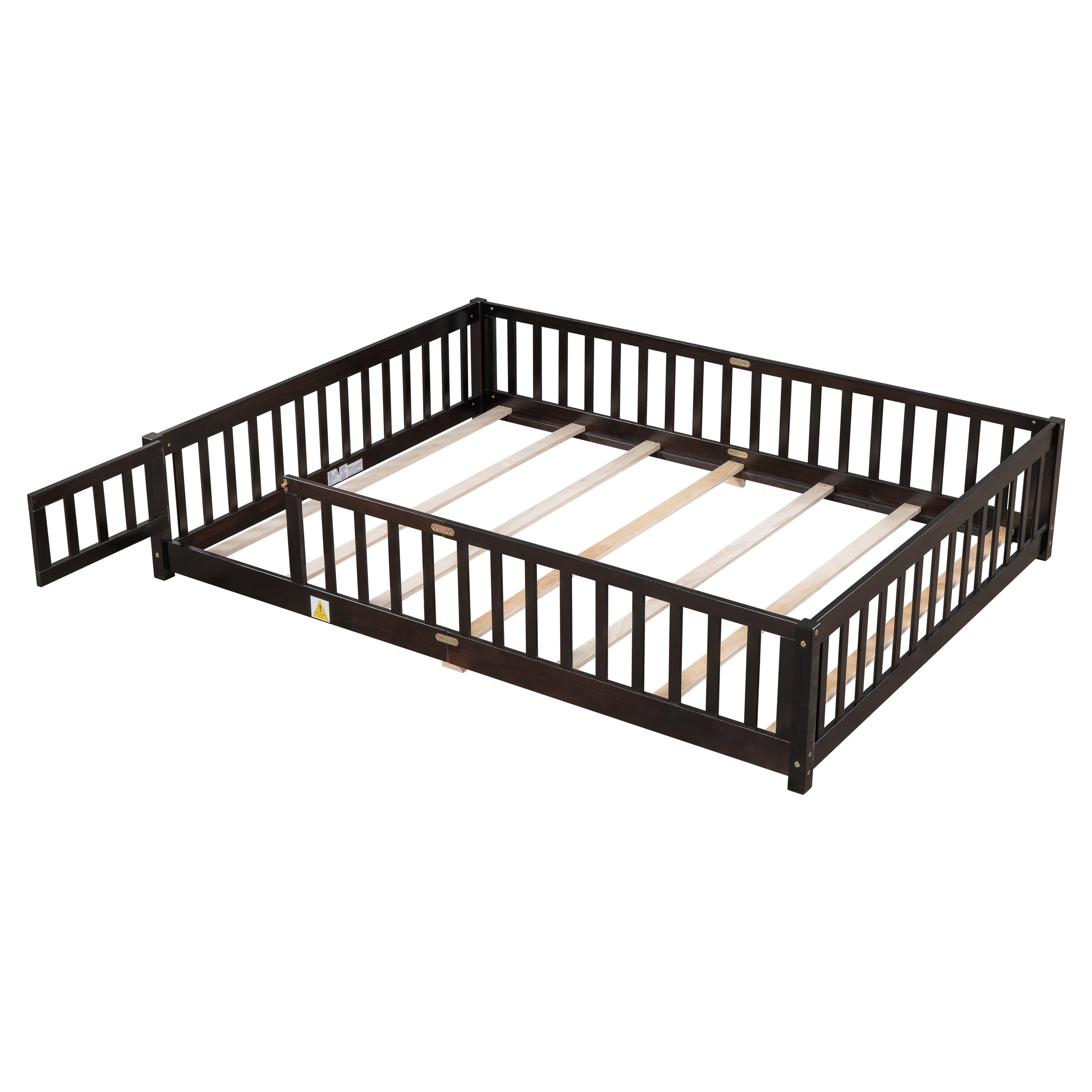 Miniyam Wood Queen Size Floor Bed with Safety Guardrails for Toddler, Espresso