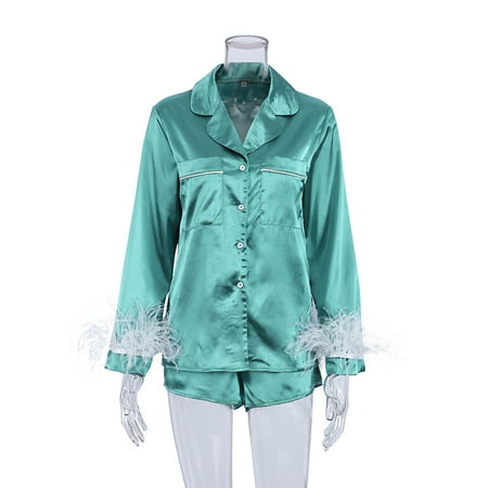 

Pajamas For Women 2 Piece Set Feathers Long Sleeve Turn Down Collar Sleepwear Autumn Casual Night Suits With Shorts Satin