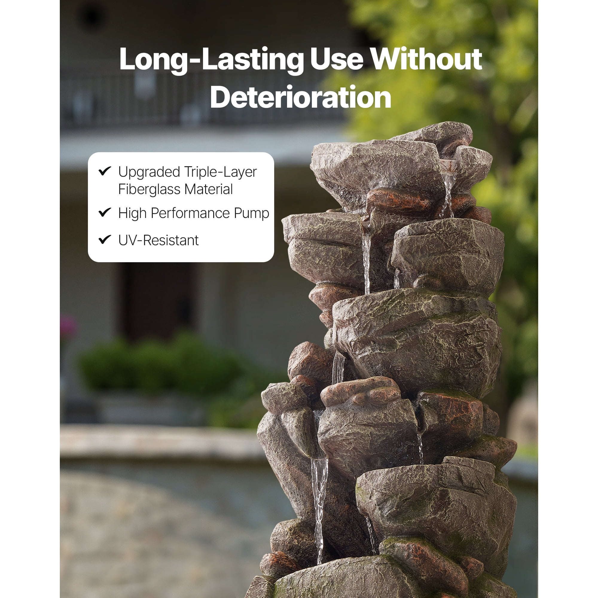 KFFKFF Outdoor Water Fountain, 38.98 in Tall, 7-Tier Rock-Inspired Cascading Design with LED Light and Pump, Ideal for Gardens, Patios, Backyards, and Indoor Spaces