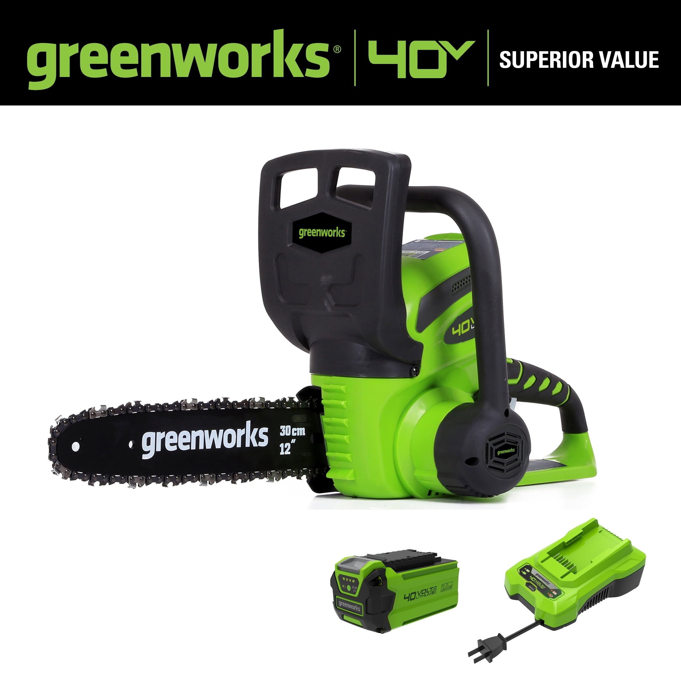 greenworkstools-40V 12 Chainsaw w/ 2.0 Ah Battery & Charger