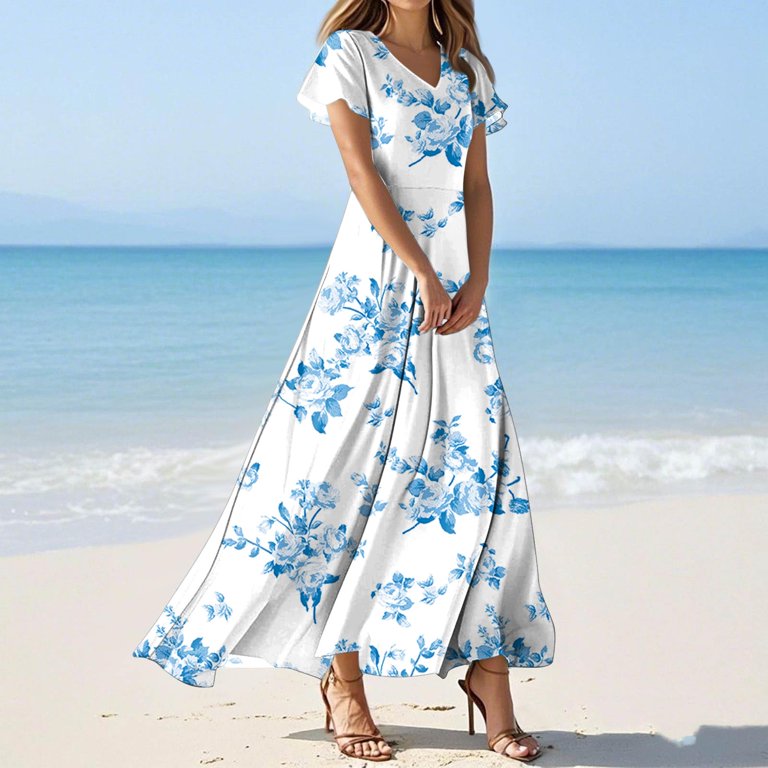 blue and white chiffon maxi dress Resort Wear