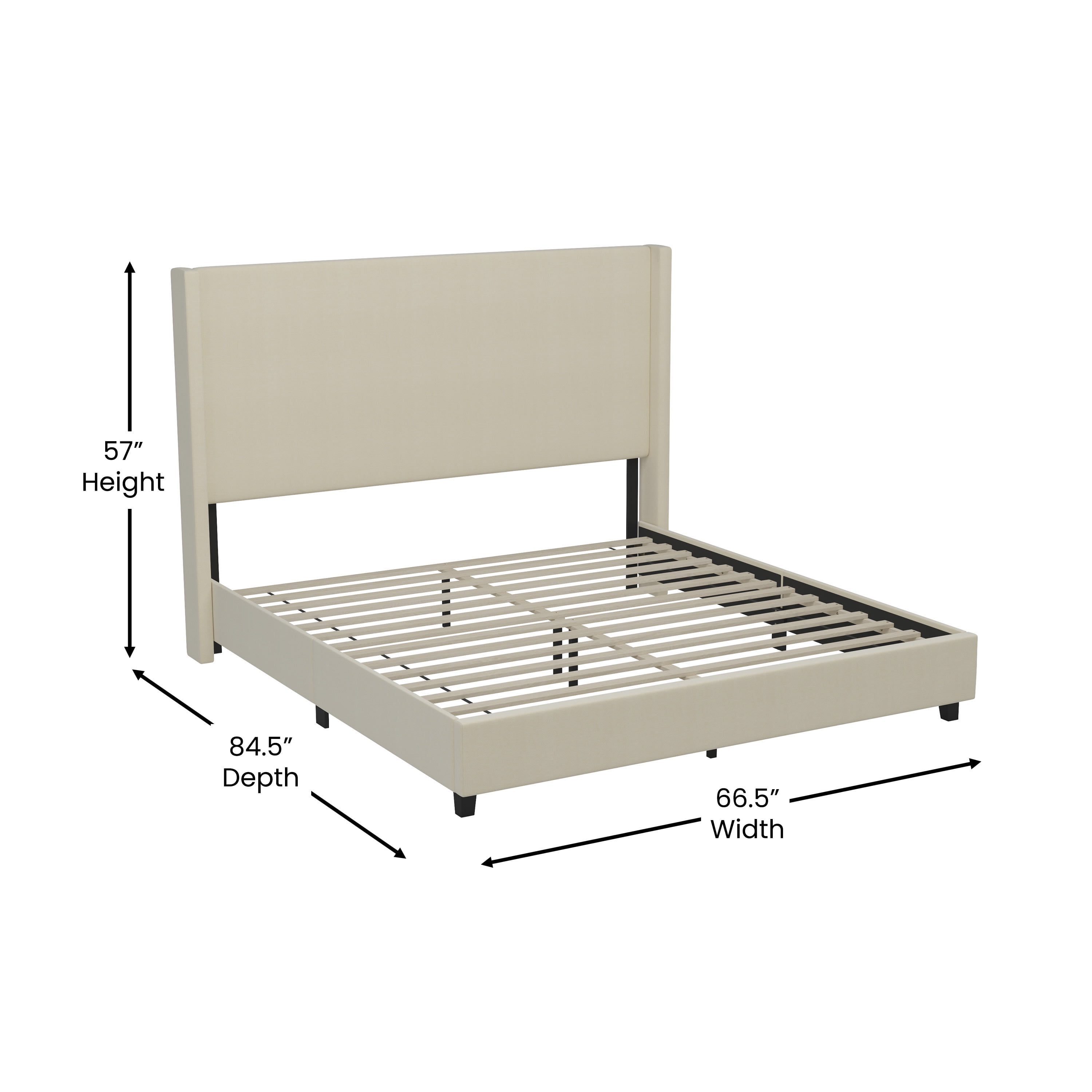 Merrick Lane Modern Platform Bed with Upholstered Wingback Headboard, Queen Size, Beige