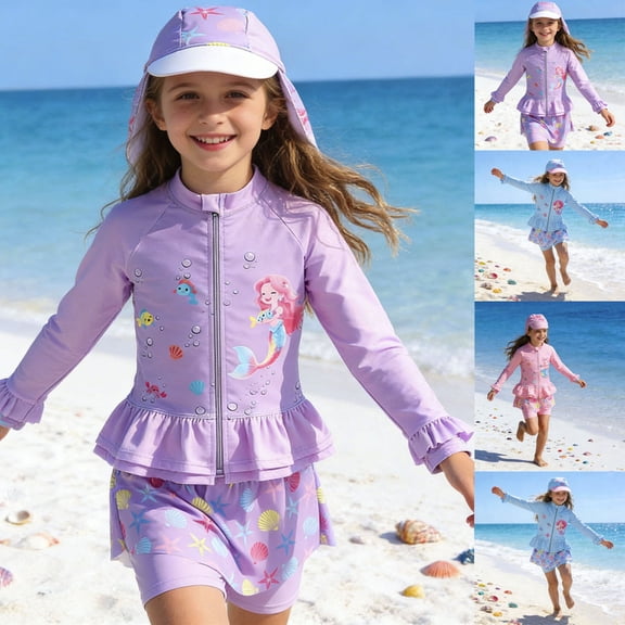 Toddler and Girls Swimwear Sets 3 Piece Swimsuit Scale Printed Long Sleeve Tops with Zipper Front and Ruffle Skirt Sun Hat Swimming Outfit
