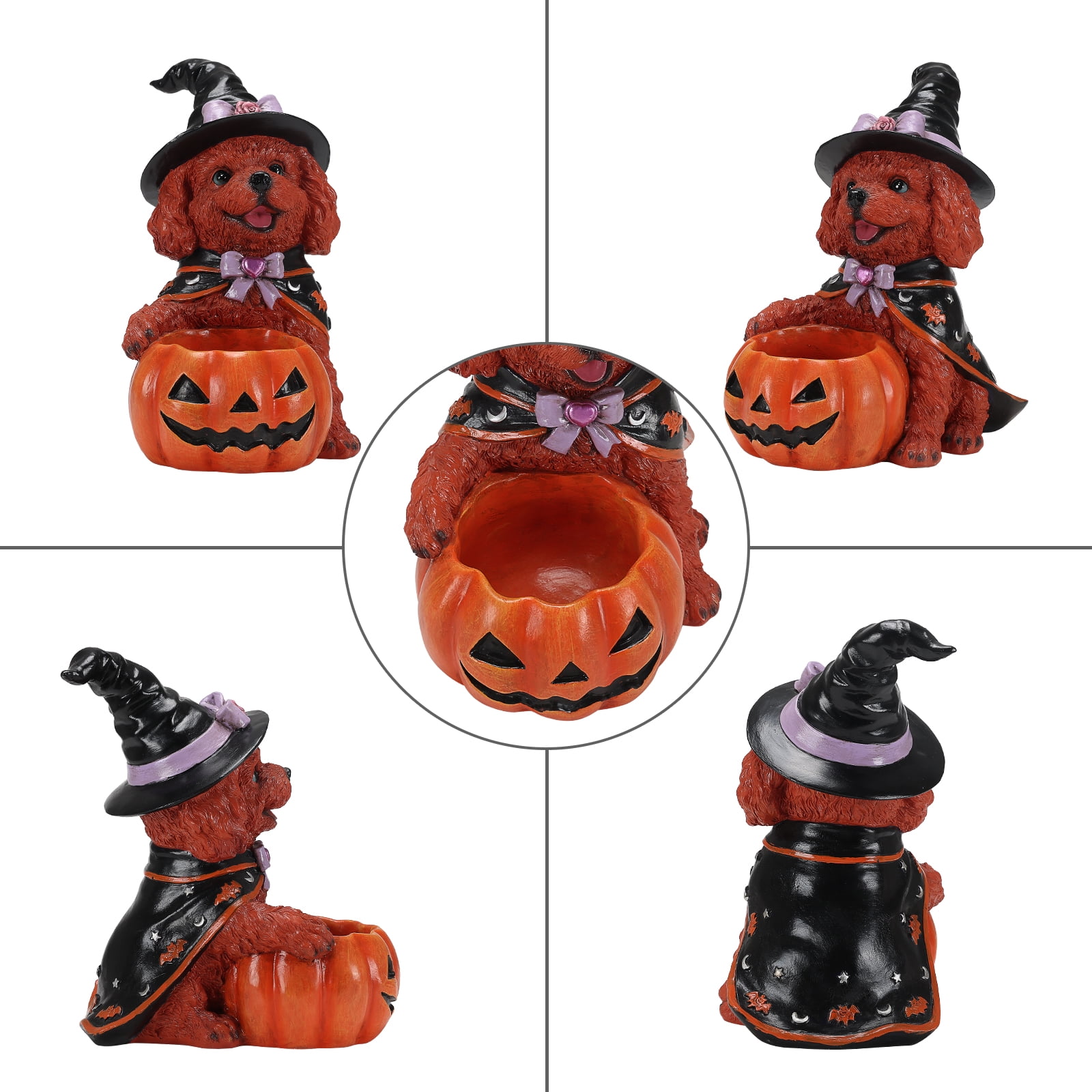 Teddy Dog Figurine 12.6 Inch, Halloween Witch Puppy Statue with Pumpkin Candy Bowl, Cute Dog Decor for Tabletop and Holiday Display, Reddish Brown and Orange-Red