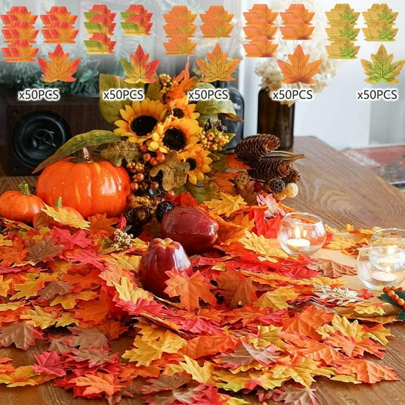 50PCS Artificial Maple Leaves Orange | Fall Decor 3.9"x3.5" | Faux Autumn Leaves for Thanksgiving Wedding Party Harvest, Plastic Vein Pattern, Seasonal Table Centerpieces