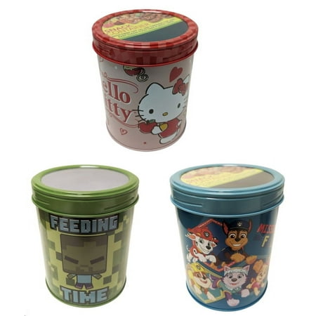 

Licensed BPA Free Dry Food Snack Containers. 3 Pieces 1 of Hello Kitty 1 of Minecraft 1 of Paw Patrol. Great for dry food. With easy twist top to seal in food.