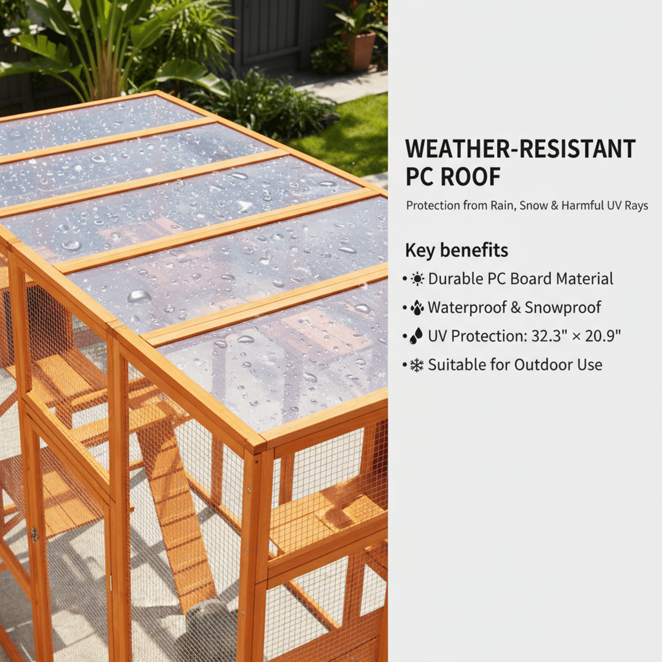 Outdoor Catio Cat Enclosure, Large Wooden Cat House with 6 Jumping Platforms, Scratching Post, 2 Ramps, Waterproof Roof, Cat Cage Window Access for 2-3 Kittens, 99" H, Orange