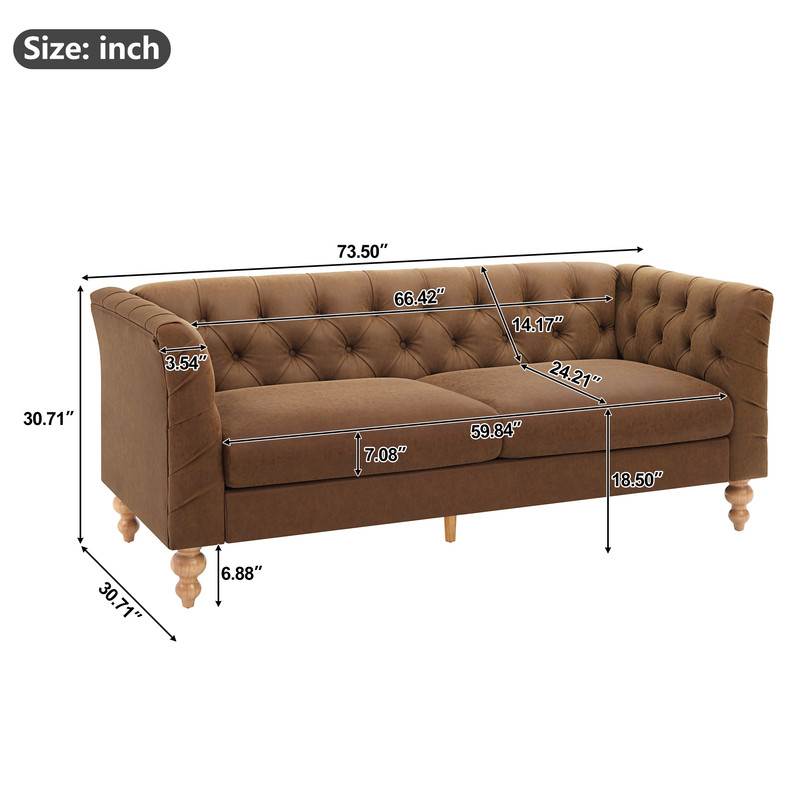 Chesterfield PU Leather 3-Seater Sofa, Upholstered Couch with Flared Arms, Tufted Back & Solid Rubber Wood Legs