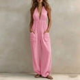 thumbnail image 5 of BVnarty Women Halter Deep V Gathered Waist Jogger Jumpsuit, Large Patch Pockets Relaxed Silhouette for Coastal Trip Pink XXL, 5 of 8
